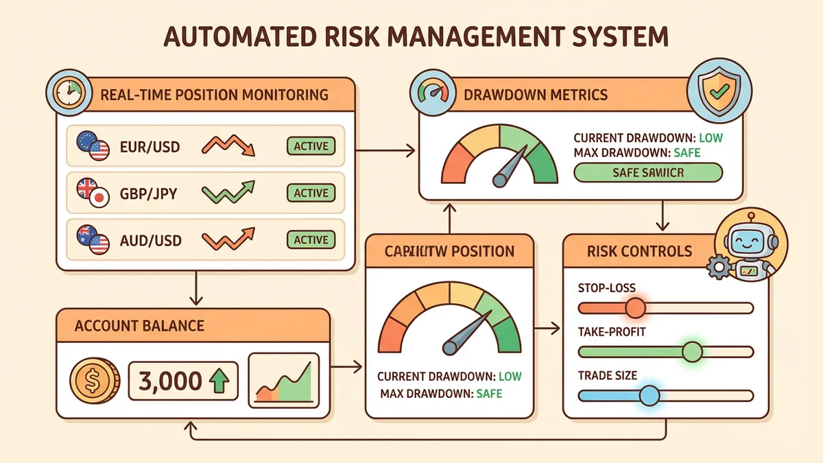 Automated risk management dashboard for forex scalping showing position sizes and risk metrics