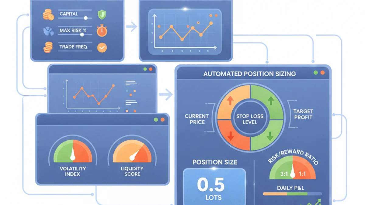 Automated risk management dashboard for forex scalping showing position sizes and risk metrics