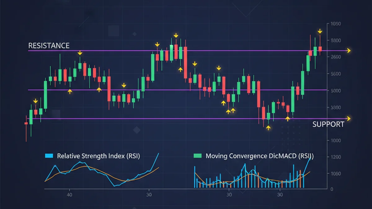 Range-bound scalping setup with support/resistance levels and technical indicators
