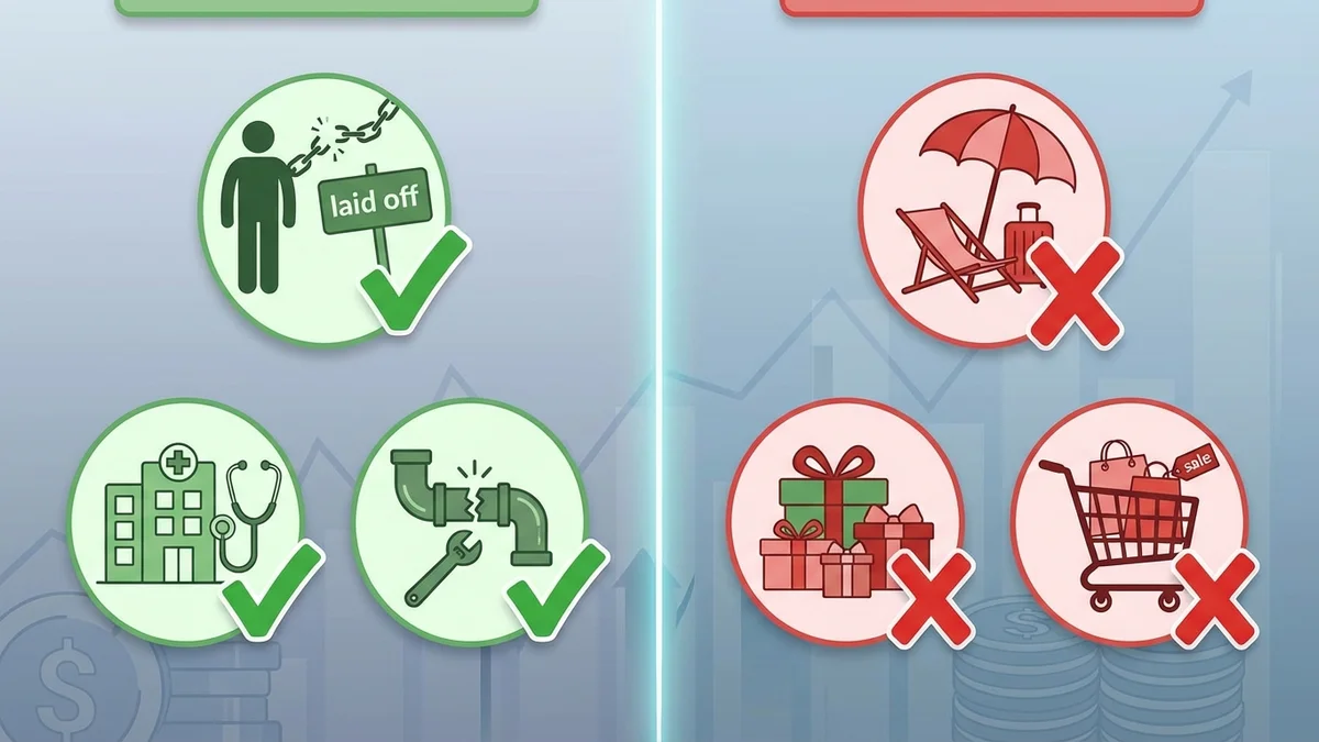 Visual guide showing emergency versus non-emergency expenses with checkmarks and X marks