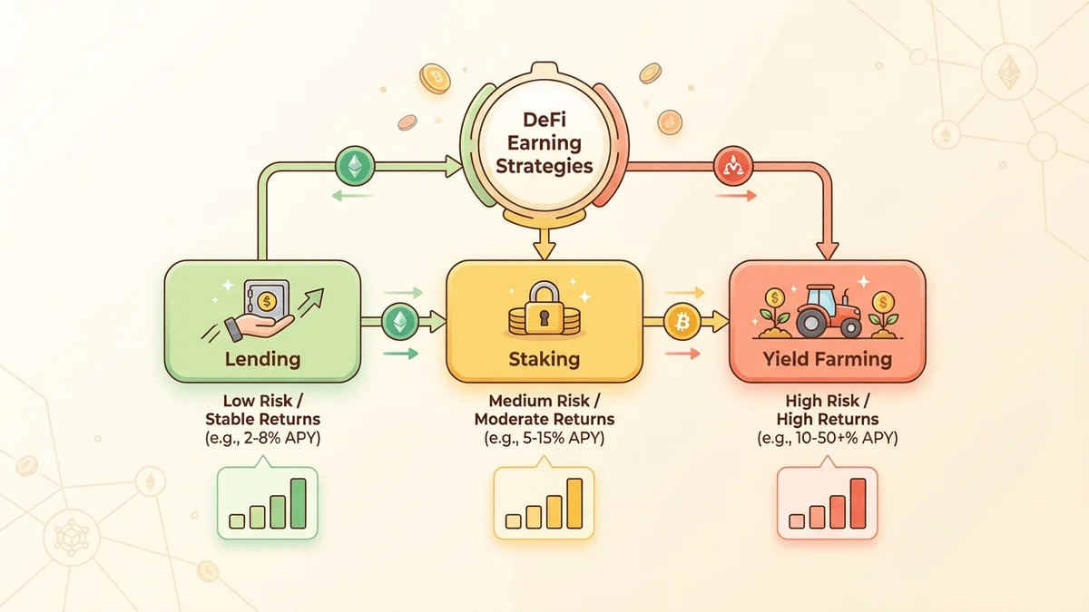 Infographic displaying various DeFi earning strategies with associated risk and reward levels