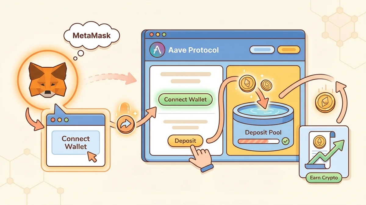 Screenshot walkthrough of connecting MetaMask wallet to Aave protocol for first DeFi transaction